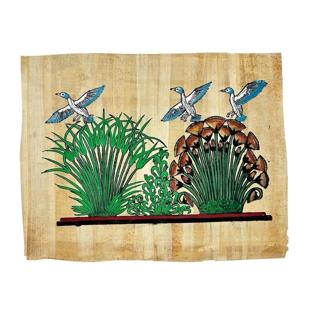 Vintage Egyptian Papyrus Painting Birds with Lotus & Papyrus Plants Handcrafted